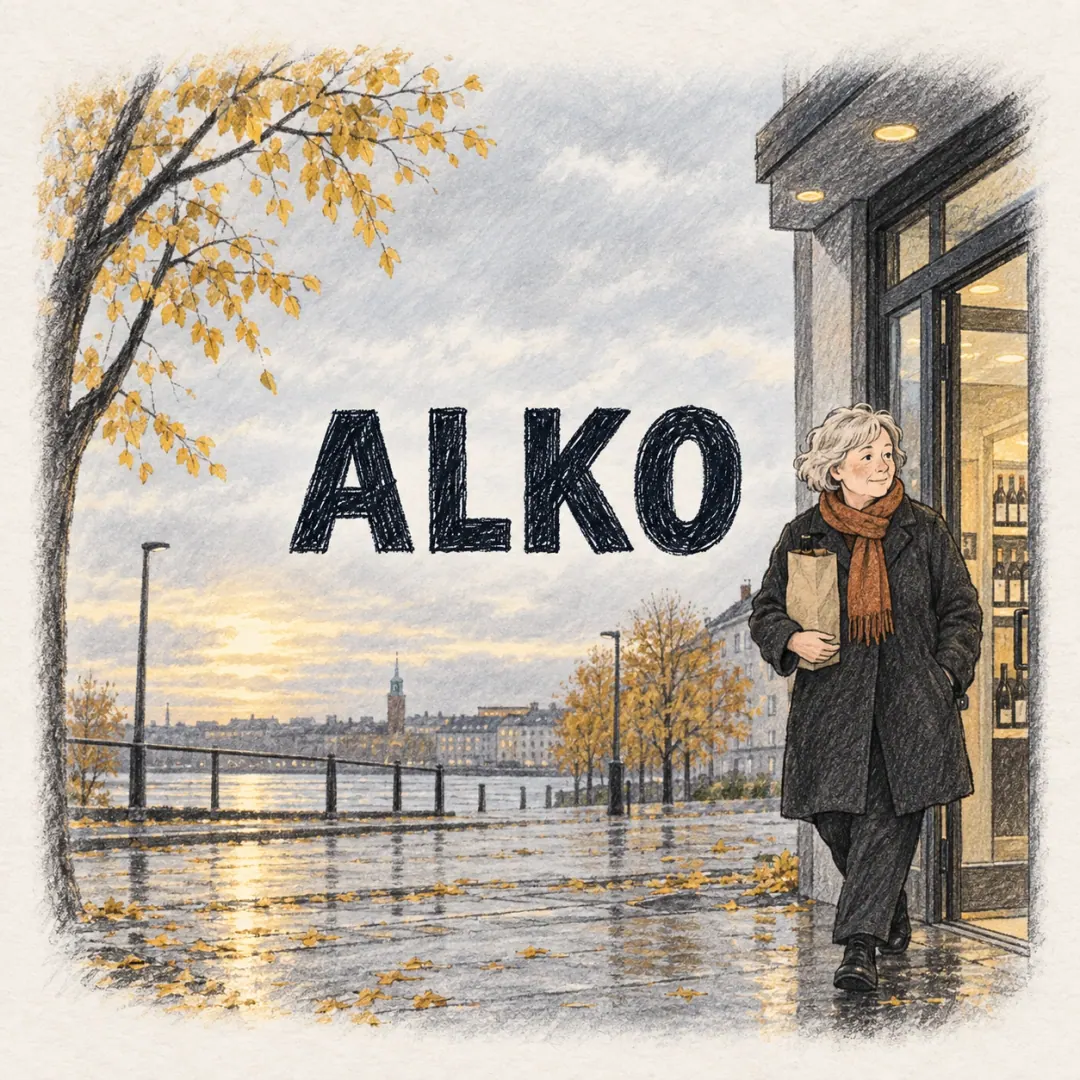 Alko - a woman walking out of an Alko doorway with a plain paper bag under one arm on a wet autumn afternoon in Finland