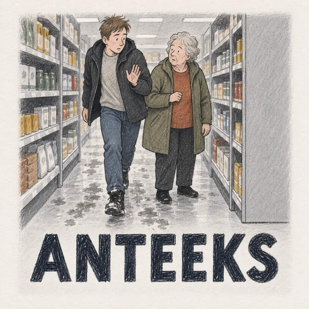 anteeks - a young man squeezing past an older woman in a narrow Finnish supermarket aisle with one hand slightly raised, melting snow tracked across the floor