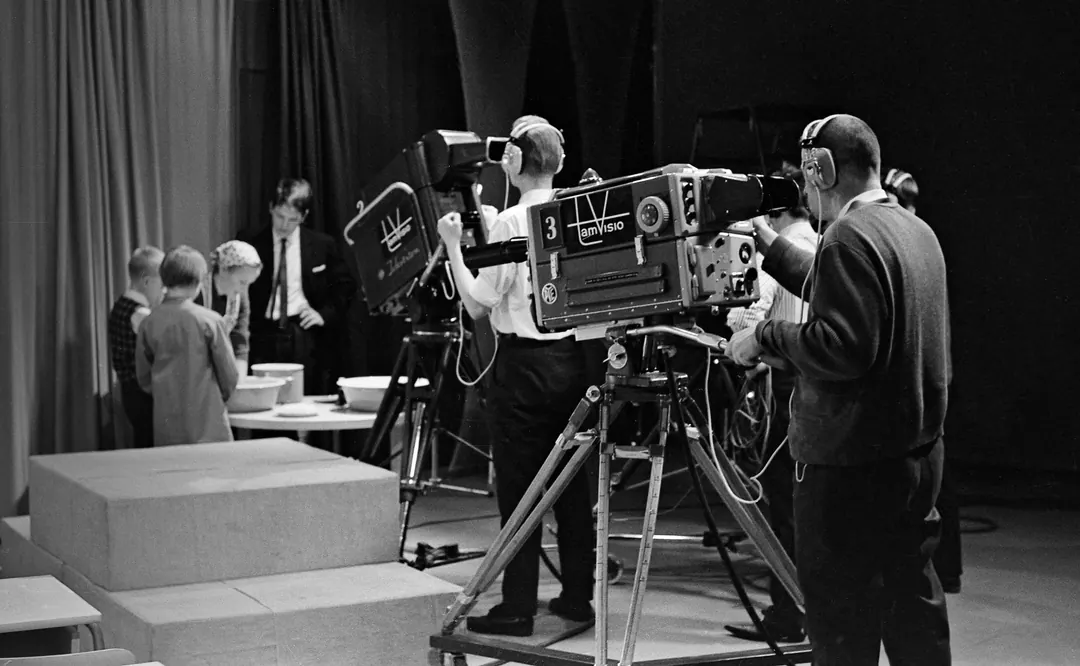 Actors and crew filming a television programme in Tampere in 1965