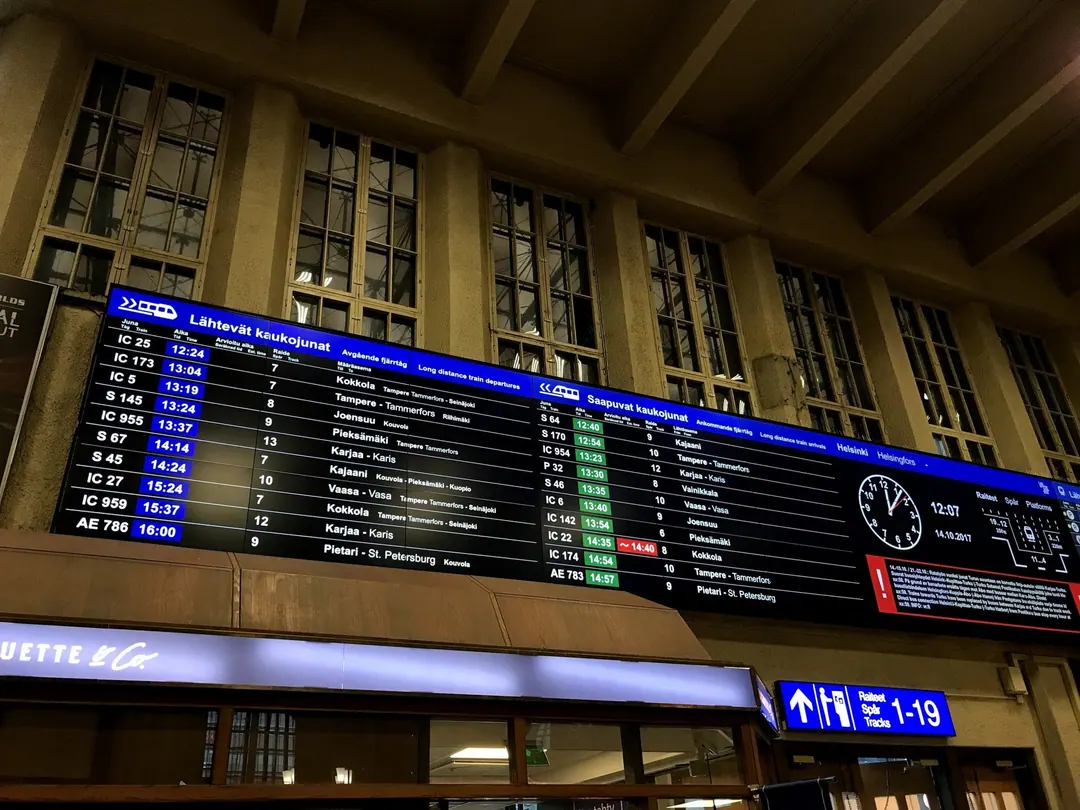 The departure board at Helsinki Central Station, long-distance trains listed with times and destinations