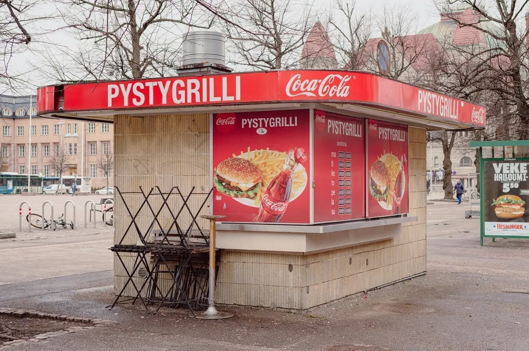 A fast food grill stand at Rautatientori in central Helsinki in March