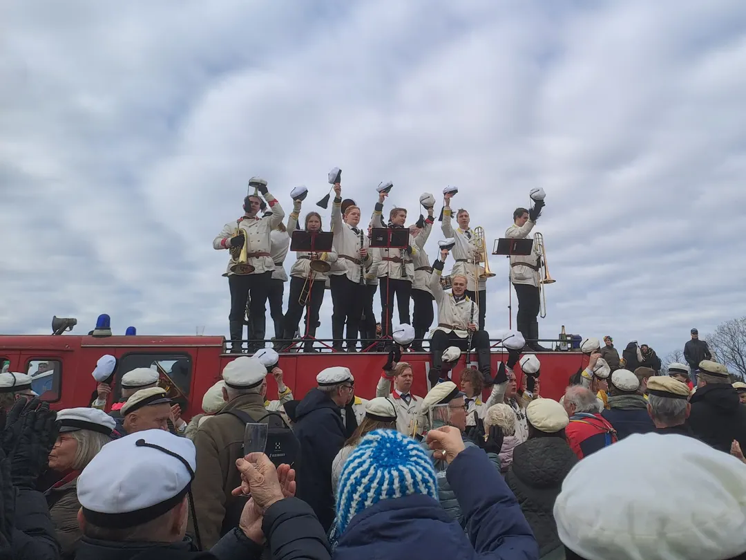 A student band playing in the street in Helsinki on the morning of 1 May