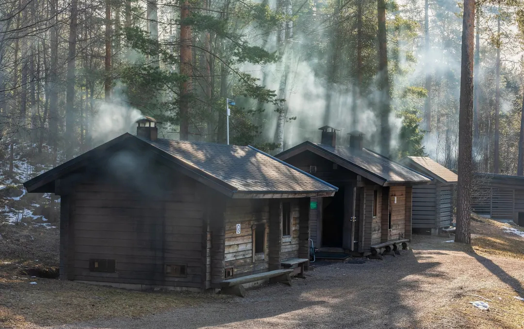 Two public smoke saunas at Kuusijärvi in Vantaa venting smoke through the eaves, last snow on the ground