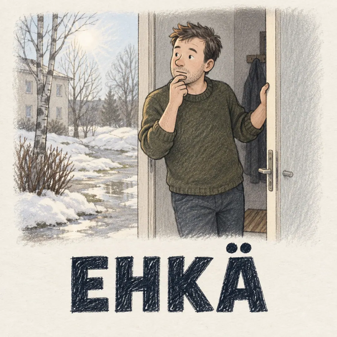 ehkä - a man in a doorway genuinely weighing up an invitation, melting snow and bare branches outside
