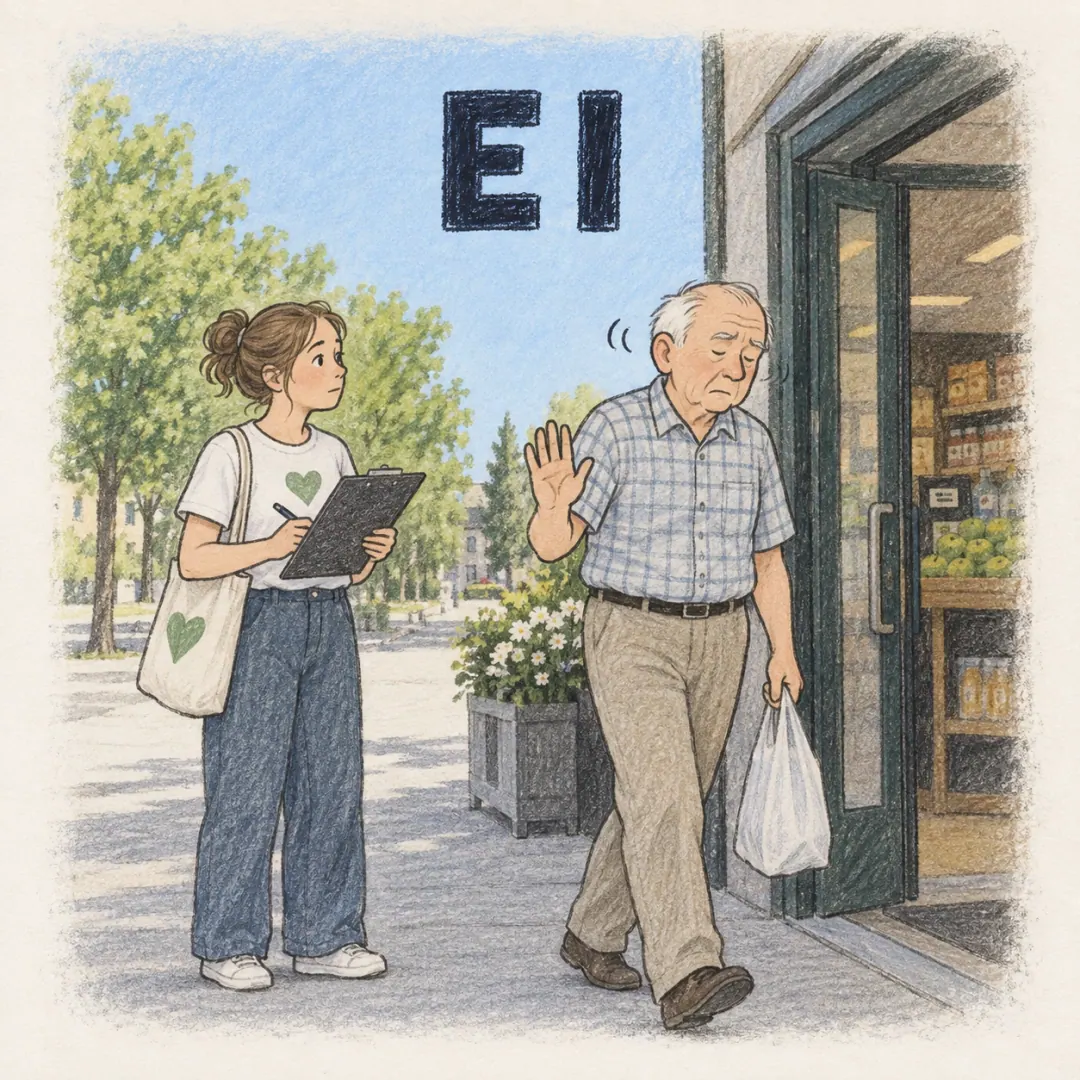 ei - an older man shaking his head once at a charity collector outside a Finnish shop doorway, already moving past