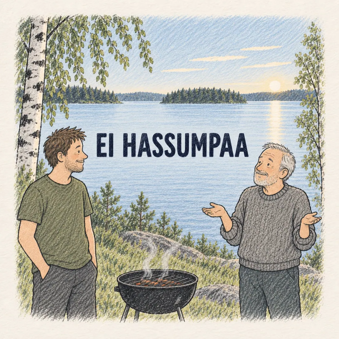 ei hassumpaa - two men standing by a barbecue at a Finnish summer cottage, one giving the smallest possible shrug of contentment, a lake behind them