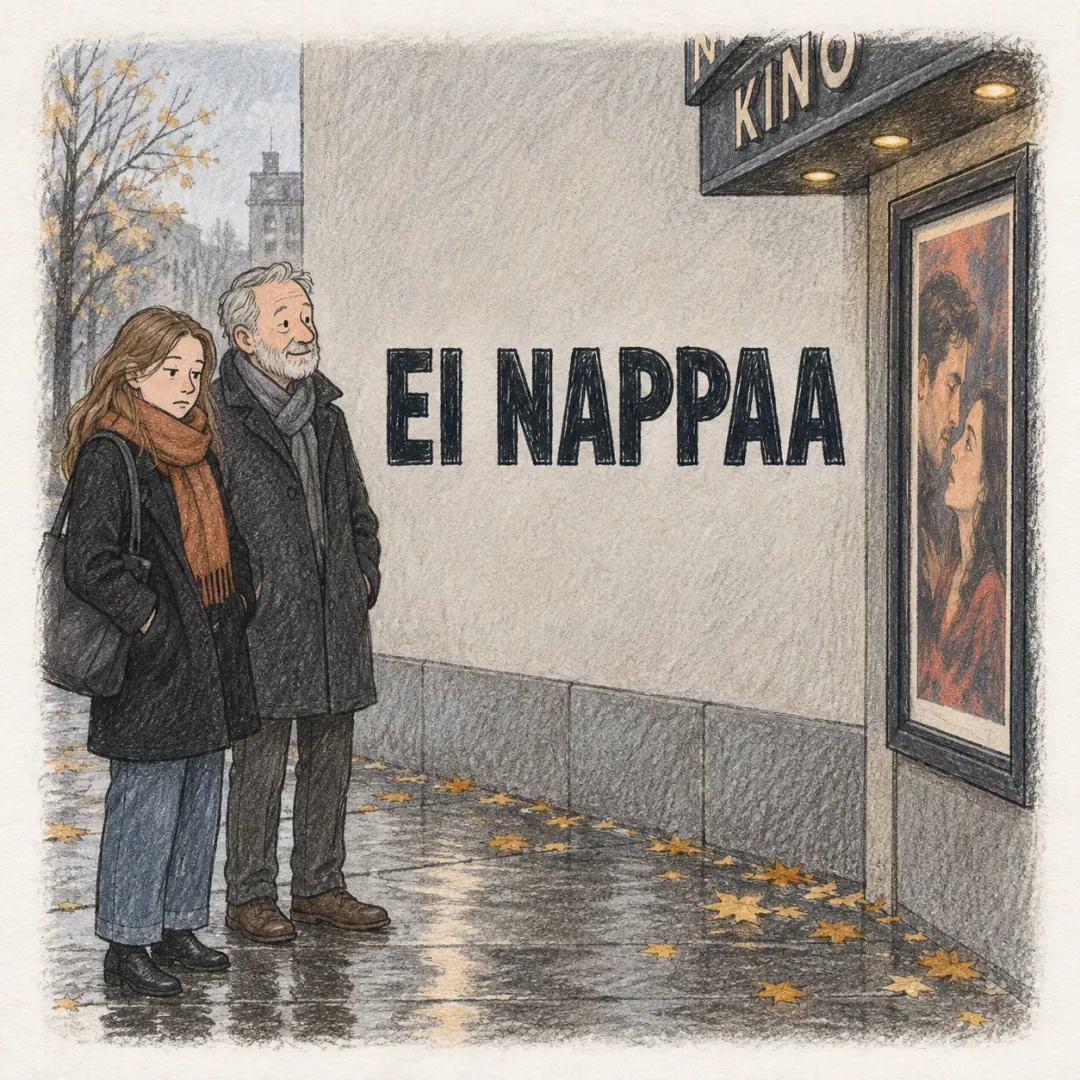 ei nappaa - a couple standing in the rain outside a cinema looking up at the poster and visibly not being sold on it