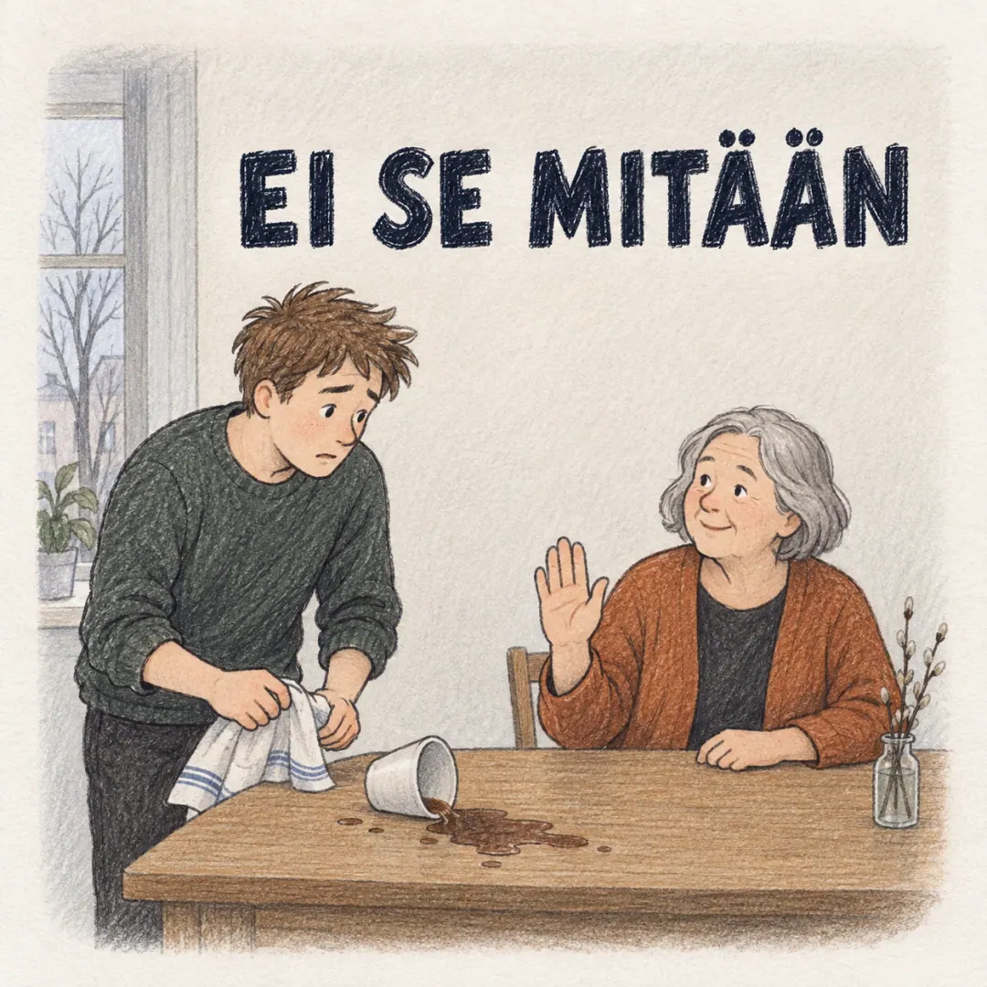 ei se mitään - an older woman waving off an apology from a young man who has knocked a cup over, already reaching for a cloth