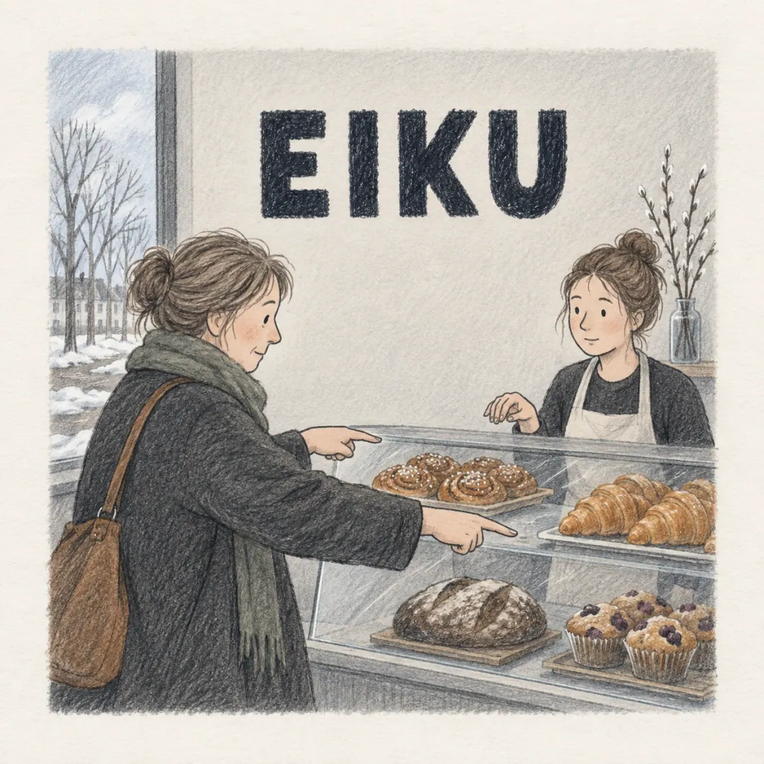 eiku - a woman at a Finnish bakery counter already pointing at a second pastry, the assistant's hand hovering over the first