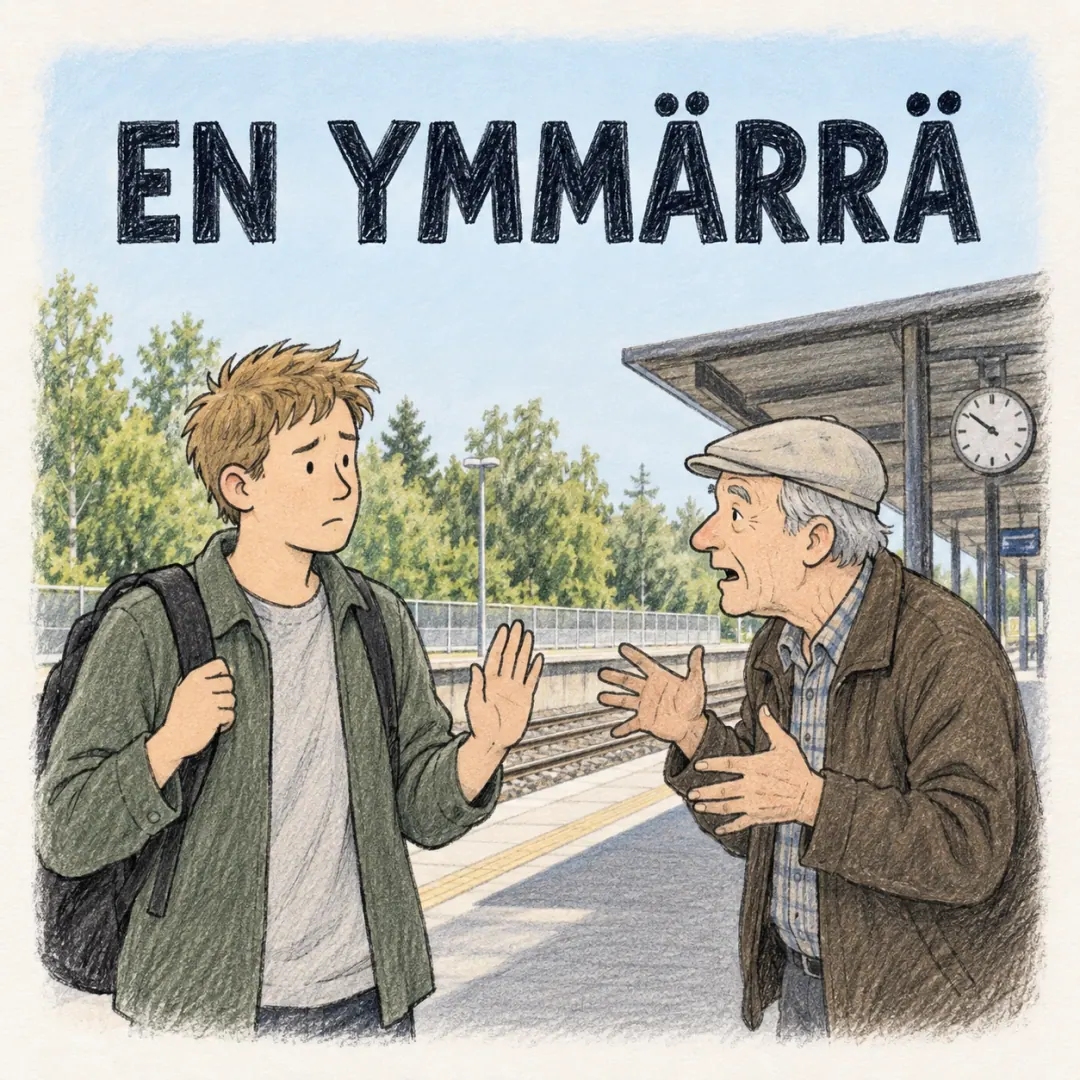 en ymmärrä - a young man on a Finnish station platform holding up a hand to an older man talking fast at him