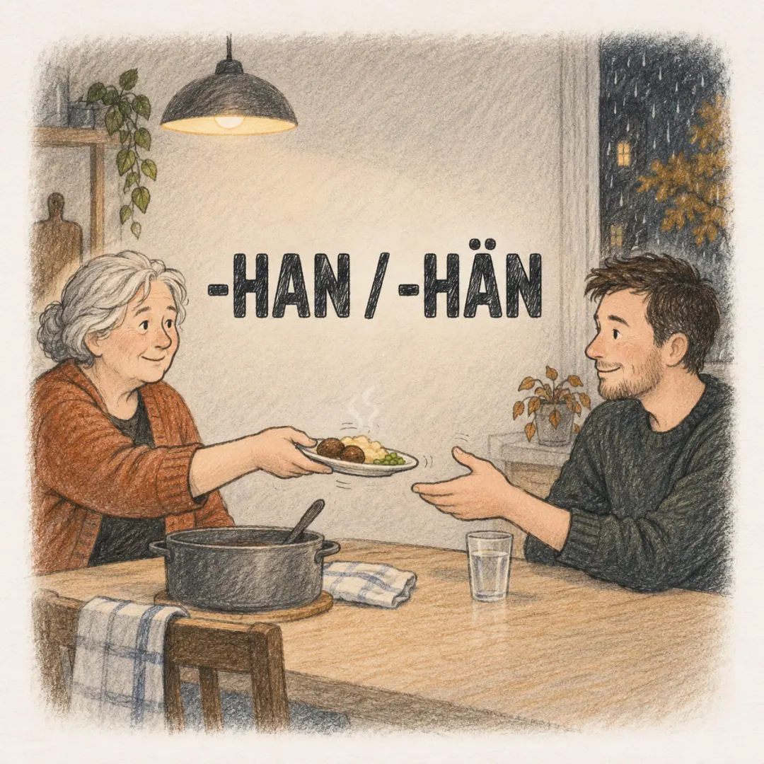 -han / -hän - an older woman pressing a plate of food on her son-in-law across a Finnish kitchen table under warm lamplight, rain on the dark window