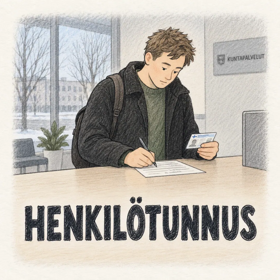 henkilötunnus - a young man at a standing desk in a Finnish public office copying his personal identity code off a card onto a form