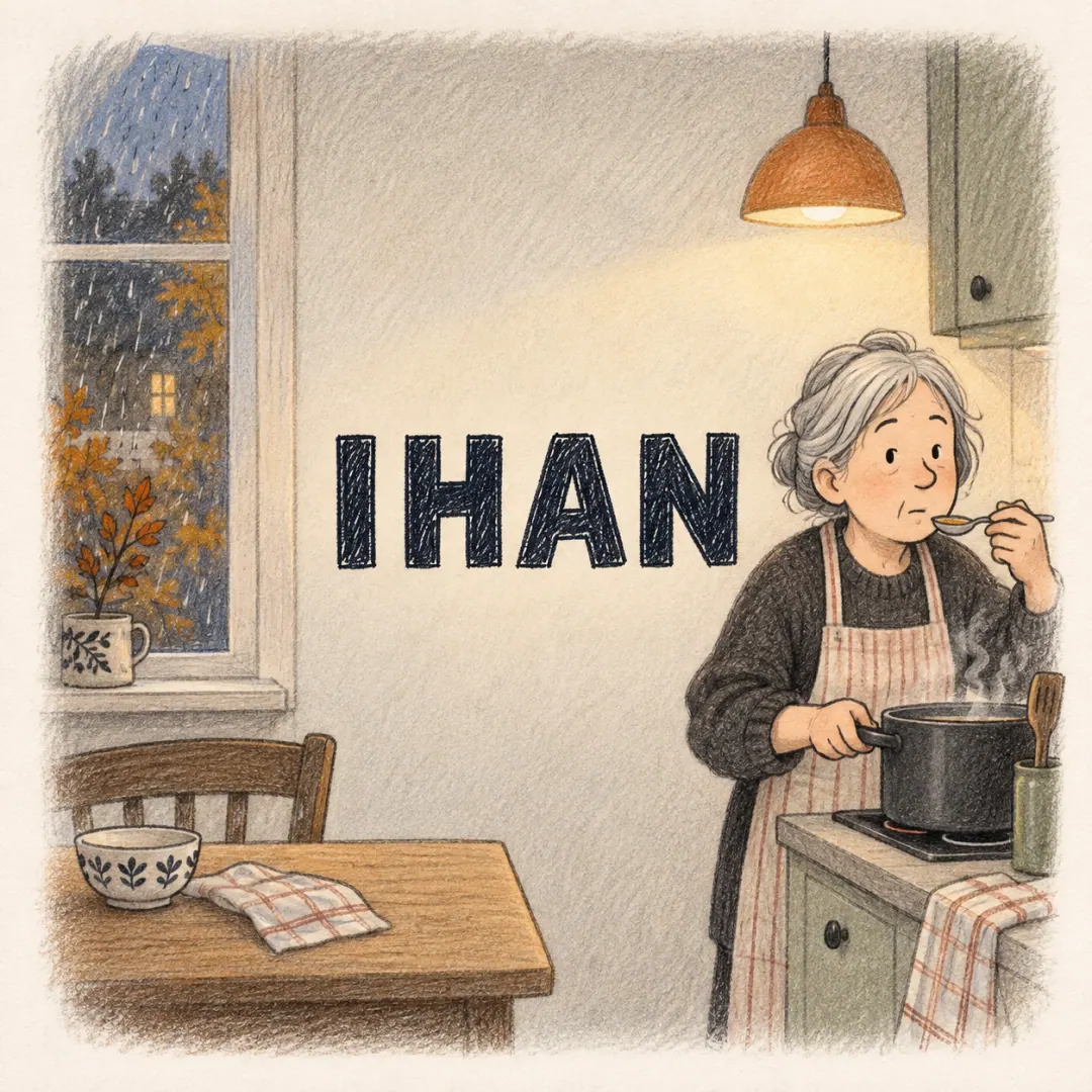 ihan - an older woman tasting from a pot at a Finnish kitchen stove under warm lamplight, rain on the window