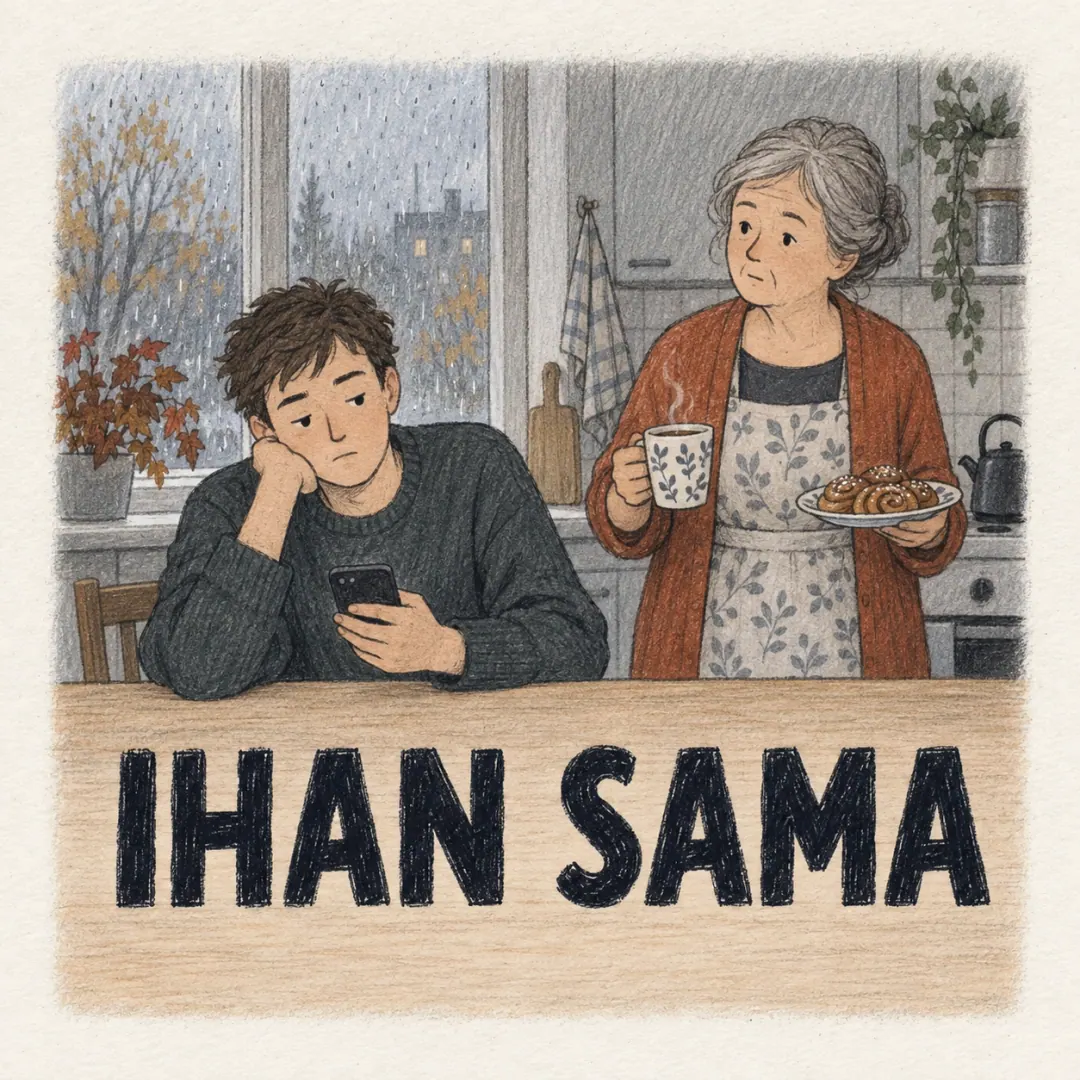 ihan sama - a young man at a kitchen table lifting one shoulder at his partner's mother without looking up from his phone, rain on the window