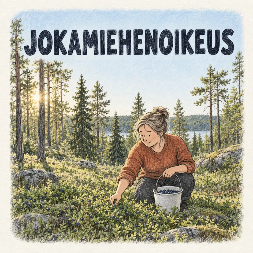 jokamiehenoikeus - a woman picking berries into a bucket in an open Finnish forest with no fence or house in sight
