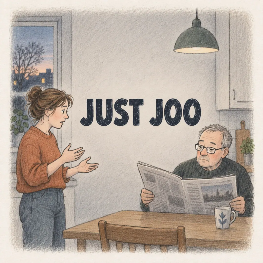 just joo - a man hearing out his daughter's explanation across a Finnish kitchen table without looking up from his newspaper, pale evening light in the window