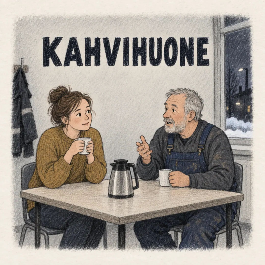 kahvihuone - a woman holding a mug in both hands listening to a man in work overalls across a coffee room table, dark outside the window at eleven in the morning