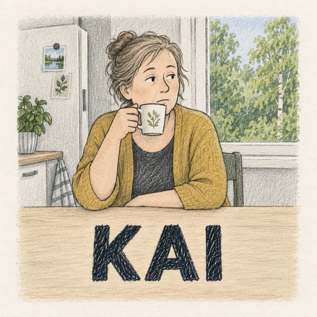 kai - a woman at a Finnish kitchen table agreeing to something without any enthusiasm, her cup halfway to her mouth