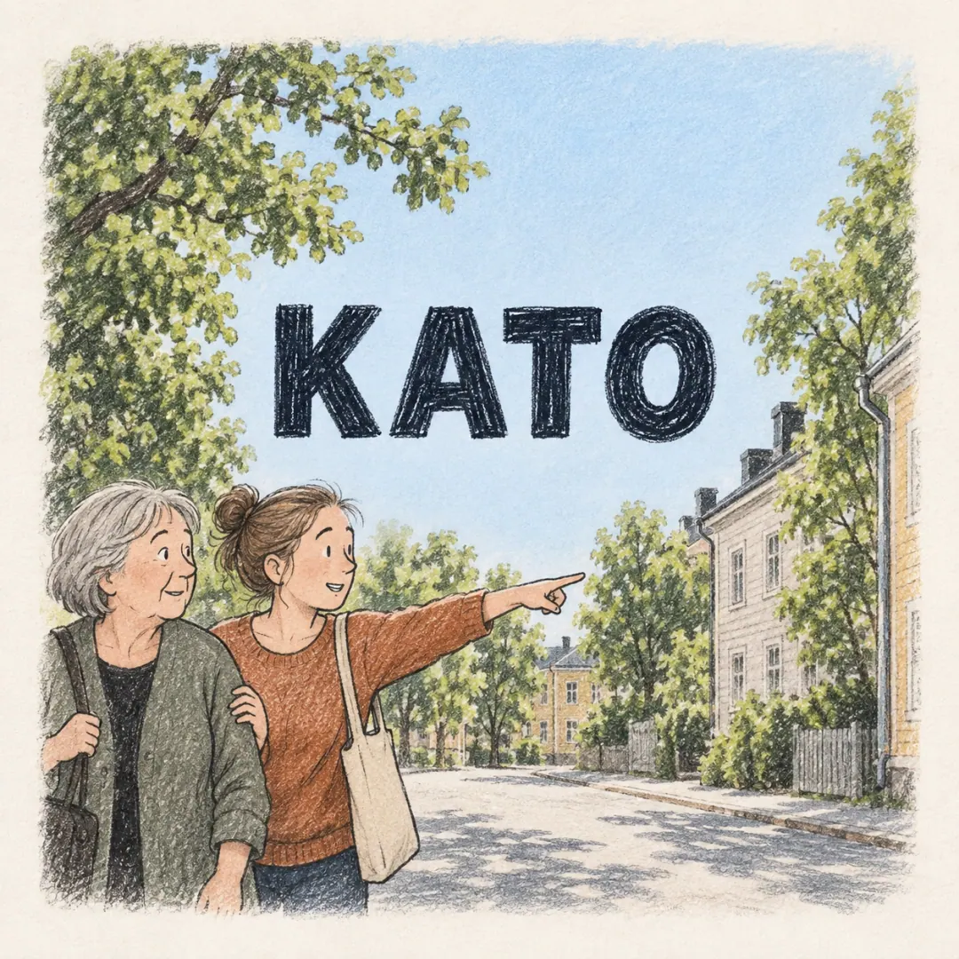 kato - a woman nudging an older friend and pointing across a sunlit Finnish street