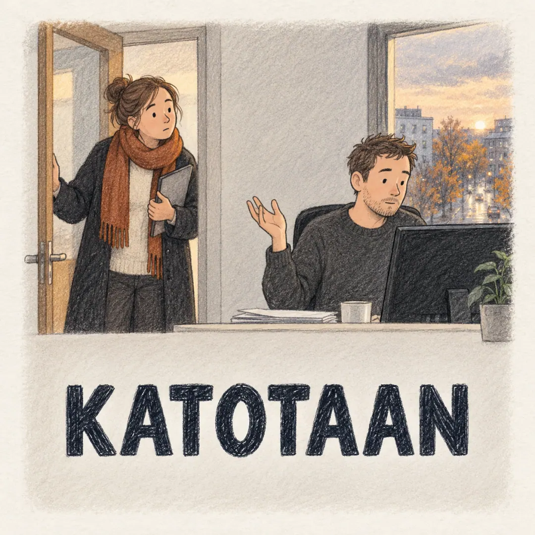 katotaan - a woman in an office doorway waiting on an answer while the man at his desk keeps his eyes on the screen and lifts one hand in a vague maybe