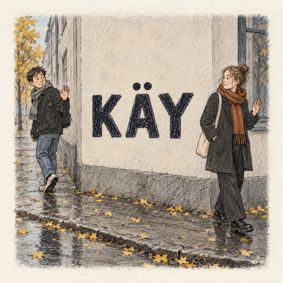 käy - two friends agreeing on a plan at a Finnish street corner and starting to separate, one already walking backwards through wet yellow leaves