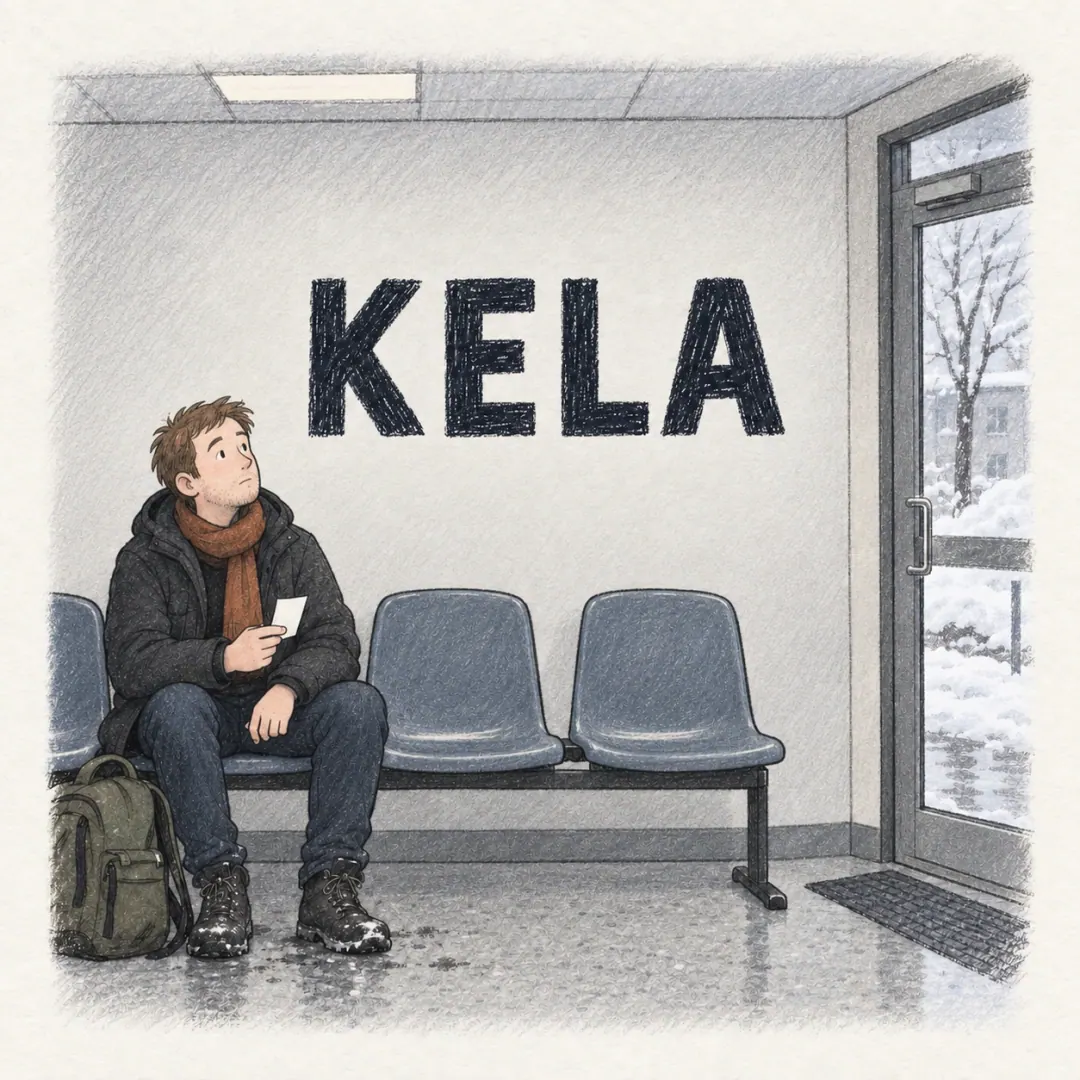 Kela - a man sitting alone in a row of plastic chairs in a Kela waiting room holding a paper queue ticket, snow through the glass door