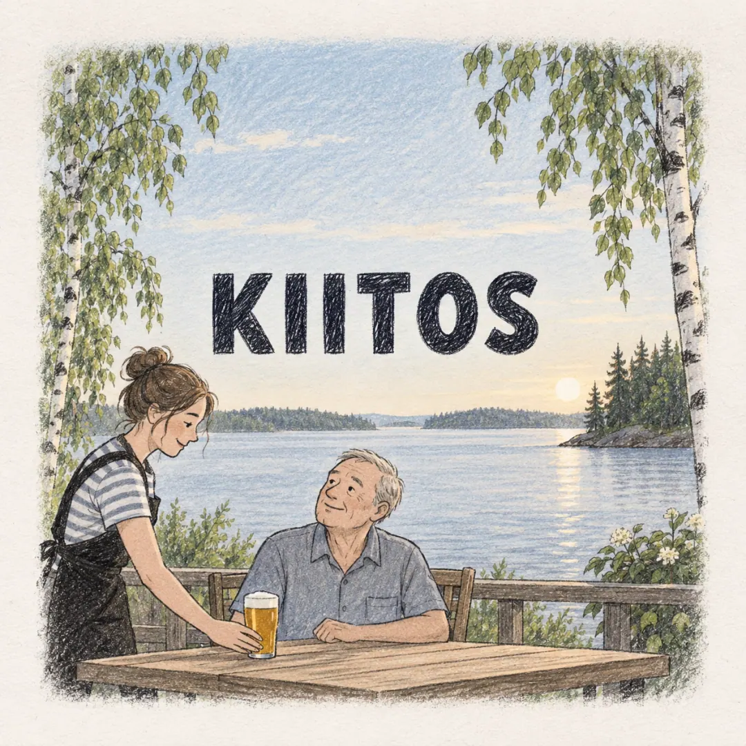 kiitos - a waitress setting a beer down for an older man on a summer lake terrace