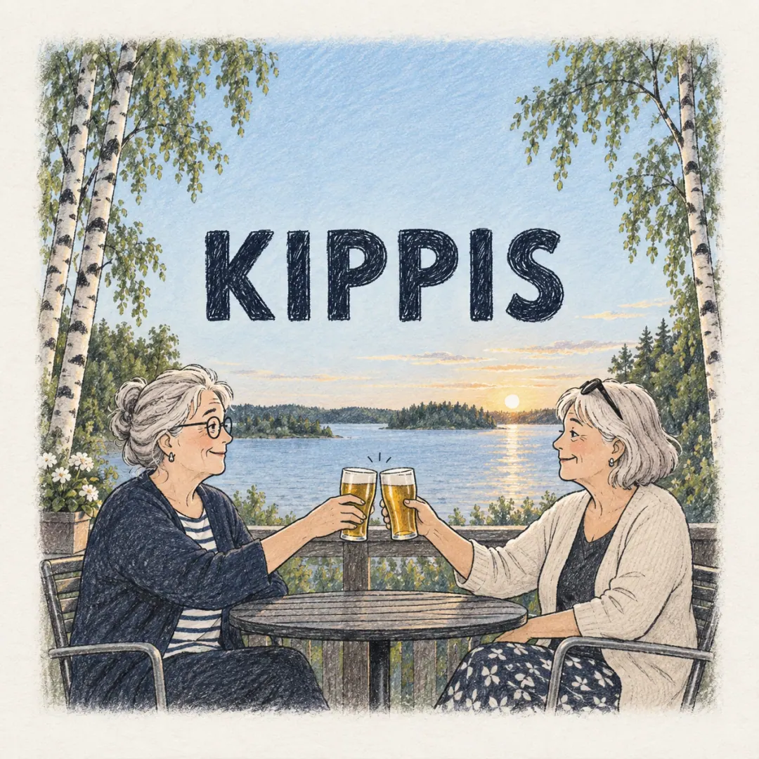kippis - two women touching beer glasses across a table on a Finnish summer terrace, a lake and birches behind them in the late evening light