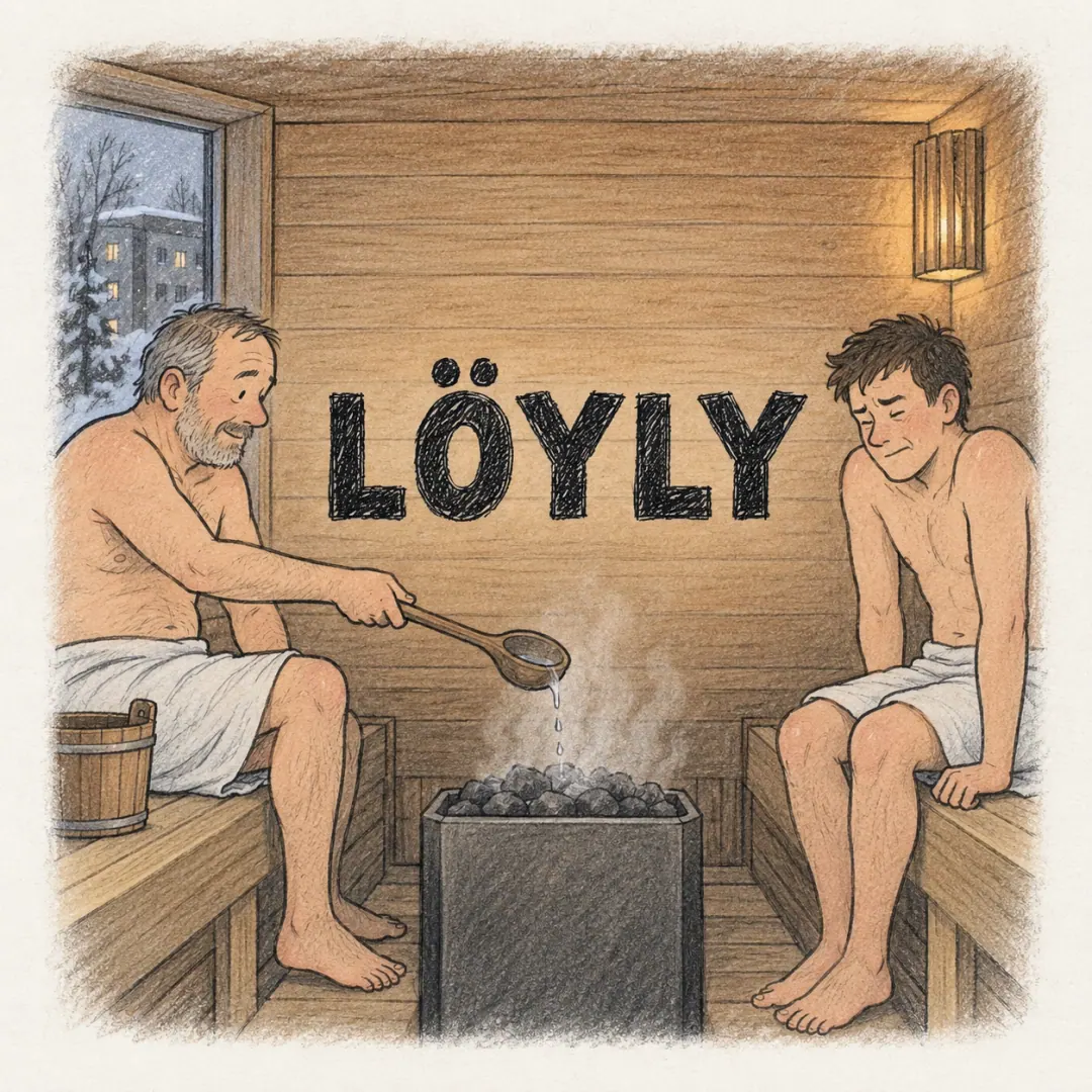 löyly - a man on a sauna bench tipping a ladle of water onto the hot stones while the younger man beside him braces