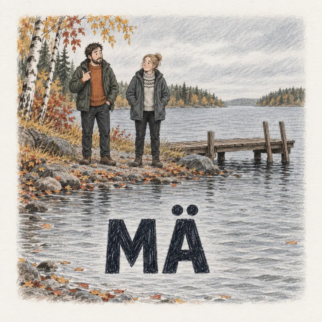 mä - two people talking on the shore of an autumn lake beside a wooden jetty