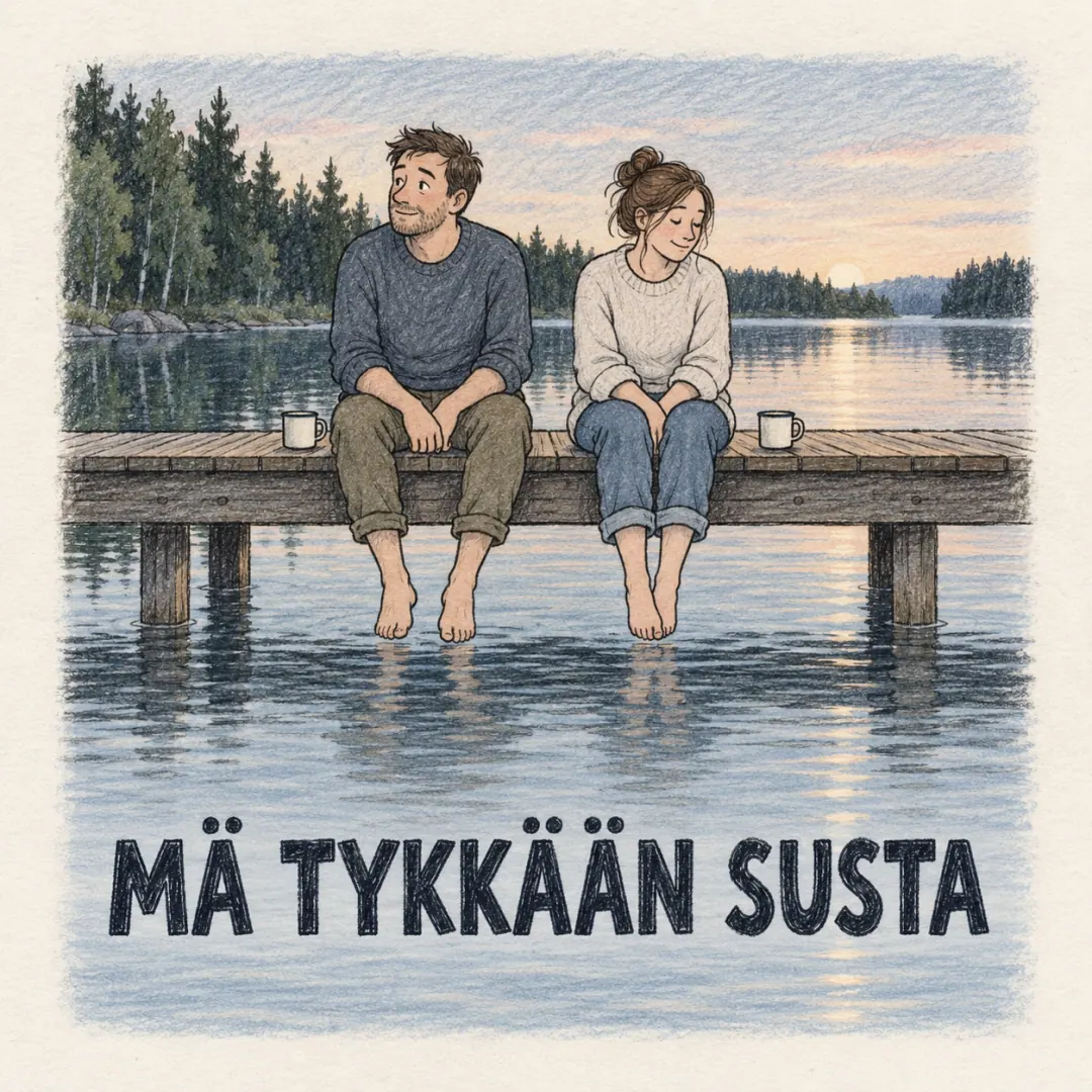 mä tykkään susta - a couple sitting side by side on a jetty in the Finnish summer night, bare feet over the water, not looking at each other