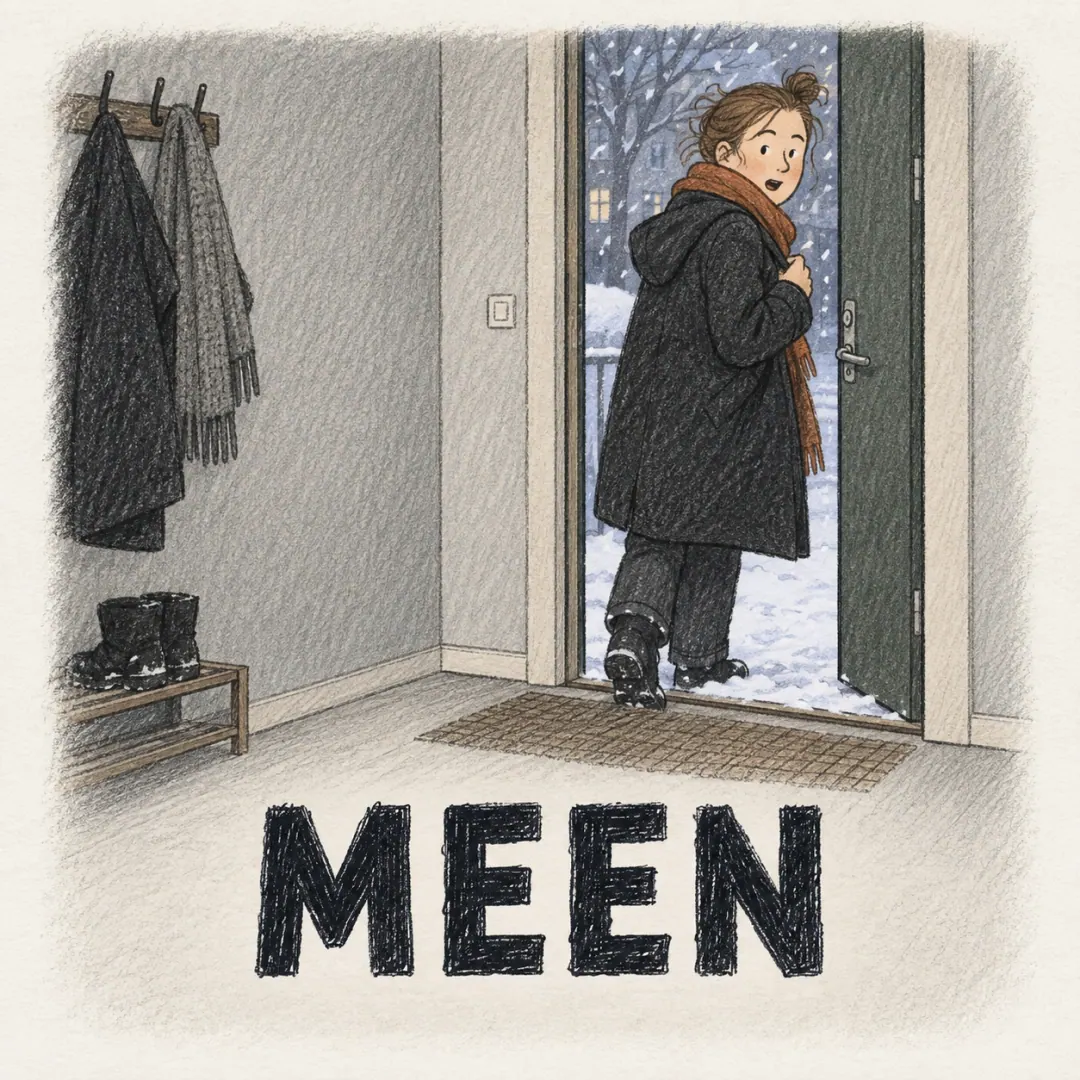 meen - a woman pulling her coat on in a dim Finnish hallway, half out of the door and calling back into the flat, snow outside