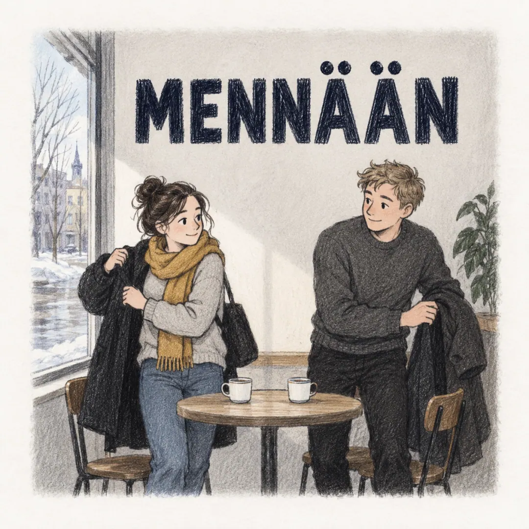 mennään - two friends standing up from a café table at the same moment, one already pulling a coat on, melting snow outside the window