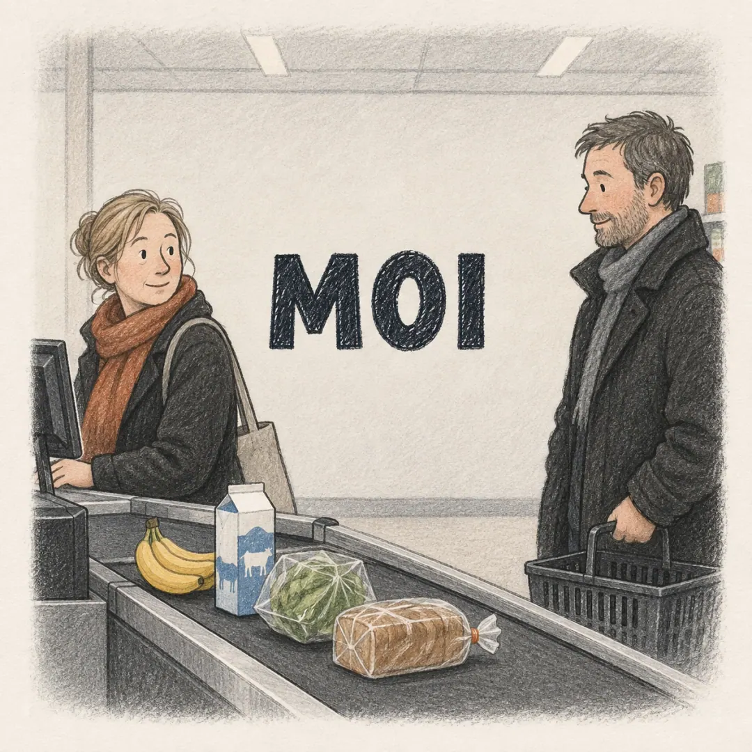moi - a woman at a Finnish supermarket checkout giving the smallest possible nod to the man stepping into the queue behind her
