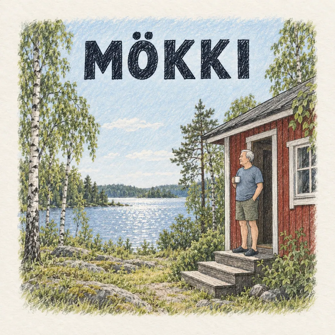 mökki - a man standing on the steps of a small red Finnish summer cottage with a coffee cup, a lake glinting through the birches