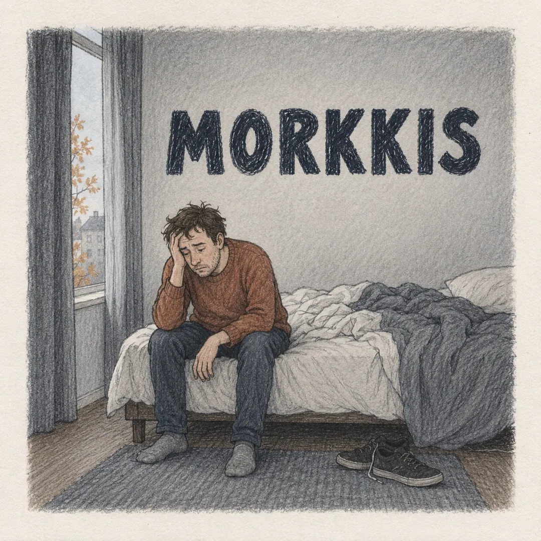 morkkis - a man sitting on the edge of an unmade bed at midday in yesterday's clothes holding his own head, grey light through a gap in the curtains
