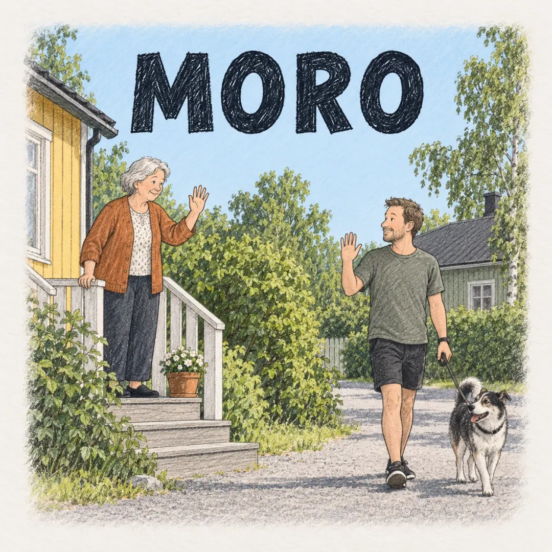 moro - a woman greeting a neighbour from the front steps of a wooden Finnish house as he walks past with a dog
