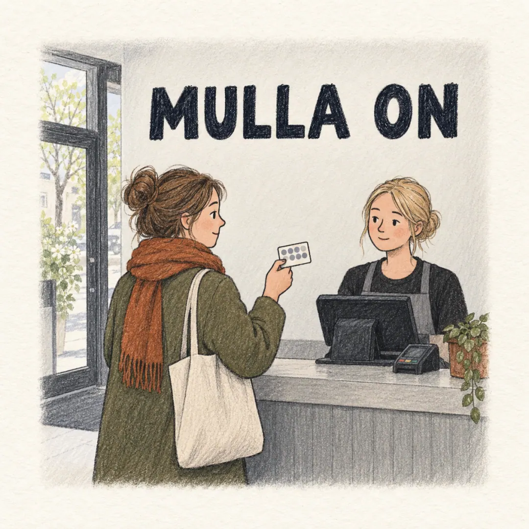 mulla on - a woman holding up a loyalty card to show a Finnish shop cashier that she has one, bright spring daylight through the doors