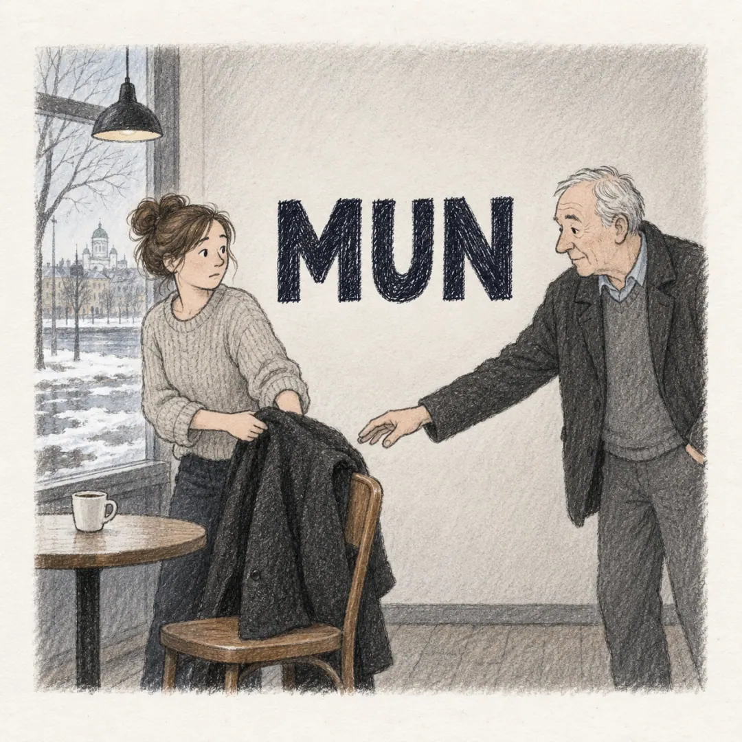 mun - a woman lifting her coat off the back of a café chair as an older man reaches for the same one, melting snow outside