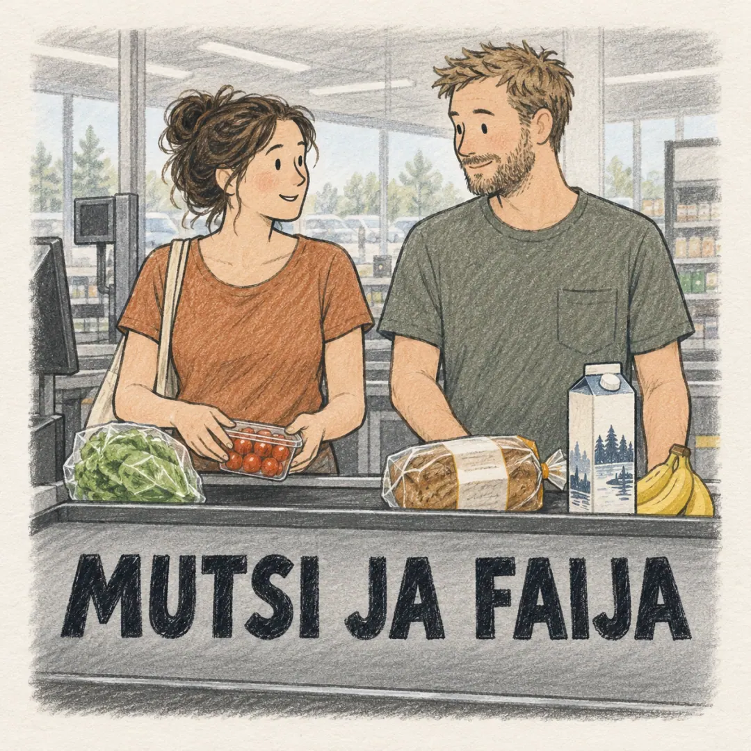 mutsi ja faija - a couple at a supermarket checkout belt working out whose parents they are visiting, a loaf, a milk carton and some bananas going past them