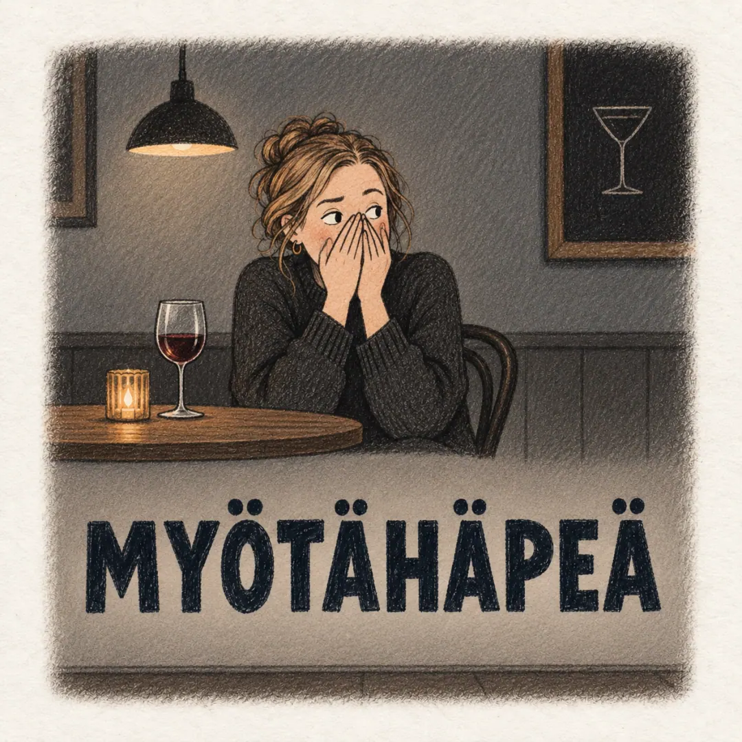 myötähäpeä - a woman in a bar watching something off to the side with both hands half over her face, unable to look away