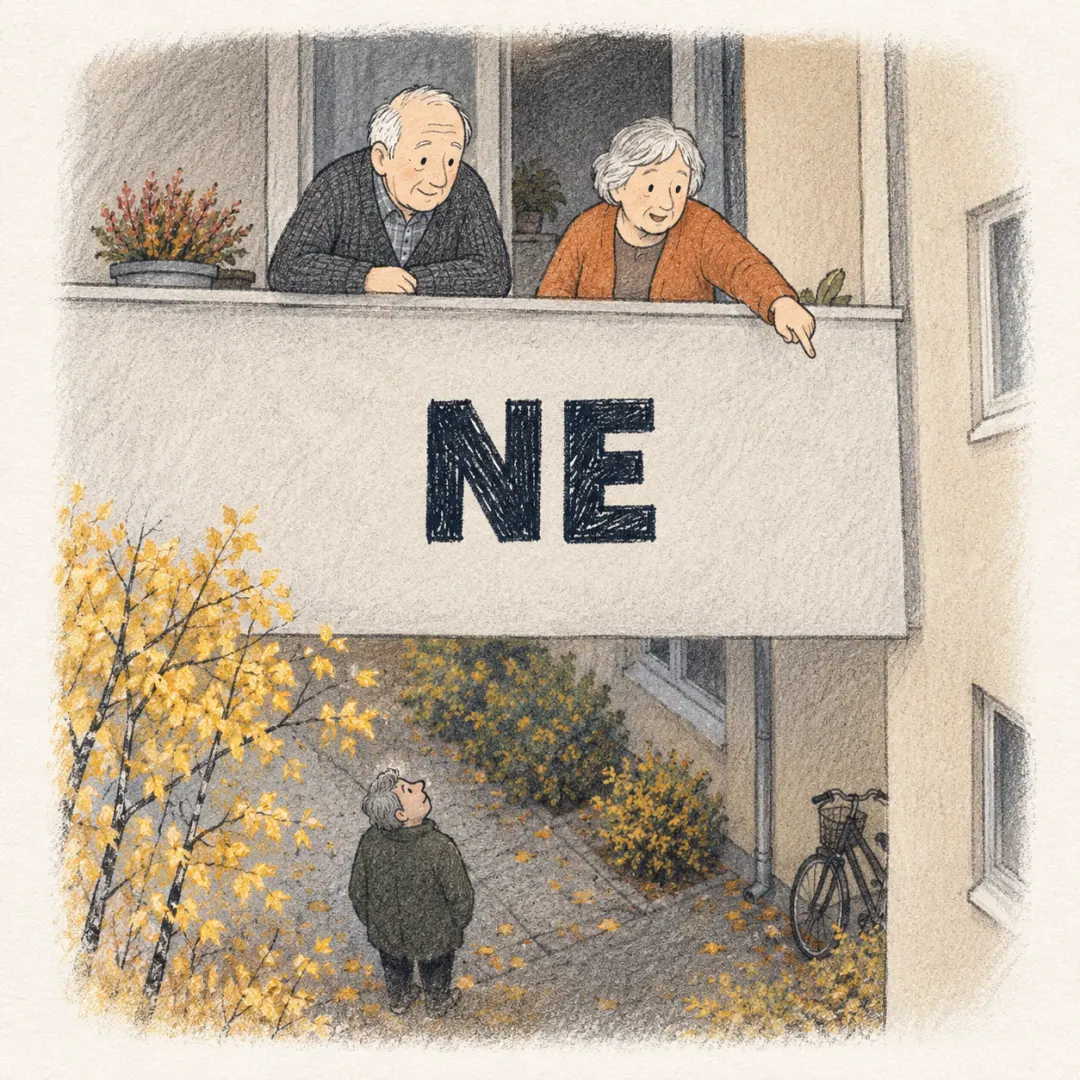 ne - an older couple on an apartment balcony looking down at neighbours in the courtyard below, yellow autumn leaves around them