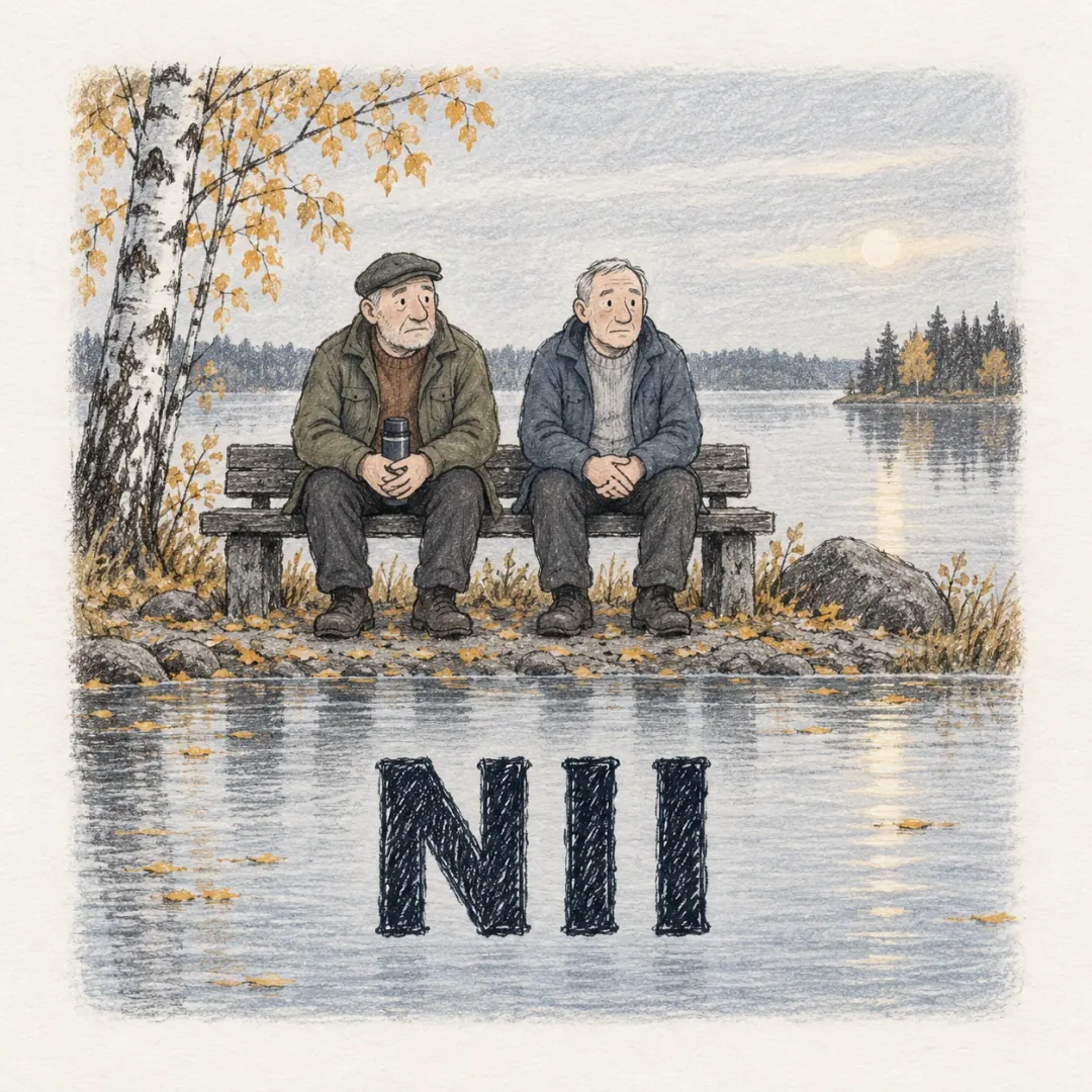 nii - two older men on a bench by a still Finnish lake looking straight ahead, one answering the other in a single syllable