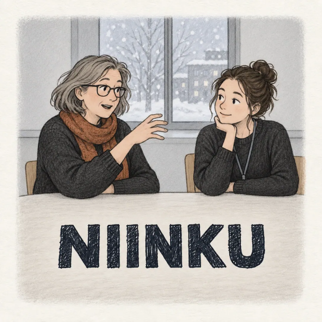 niinku - a woman explaining something to a younger colleague across a Finnish canteen table with one hand circling in the air, snow outside the window