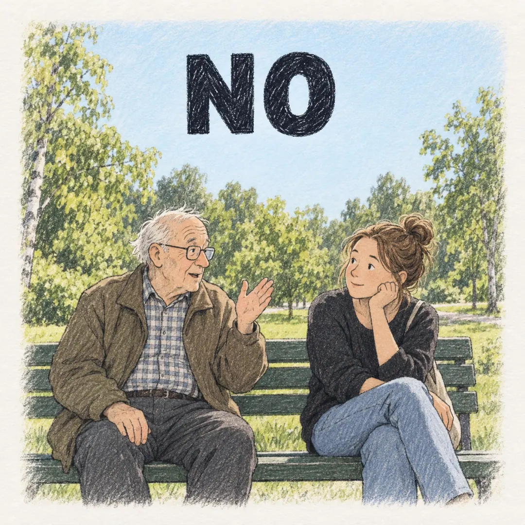 no - an older man on a park bench starting a story to the woman beside him, one hand lifting, green summer trees behind