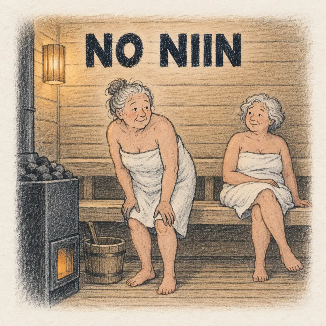 no niin - two older women on a sauna bench wrapped in towels, the stove glowing beside them