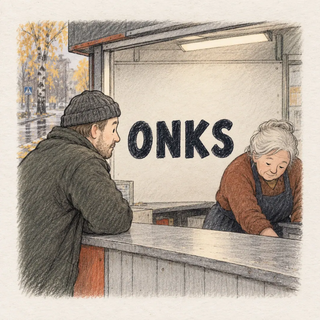 onks - a man leaning on a Finnish kiosk counter asking whether something is in, the older vendor already reaching under the counter