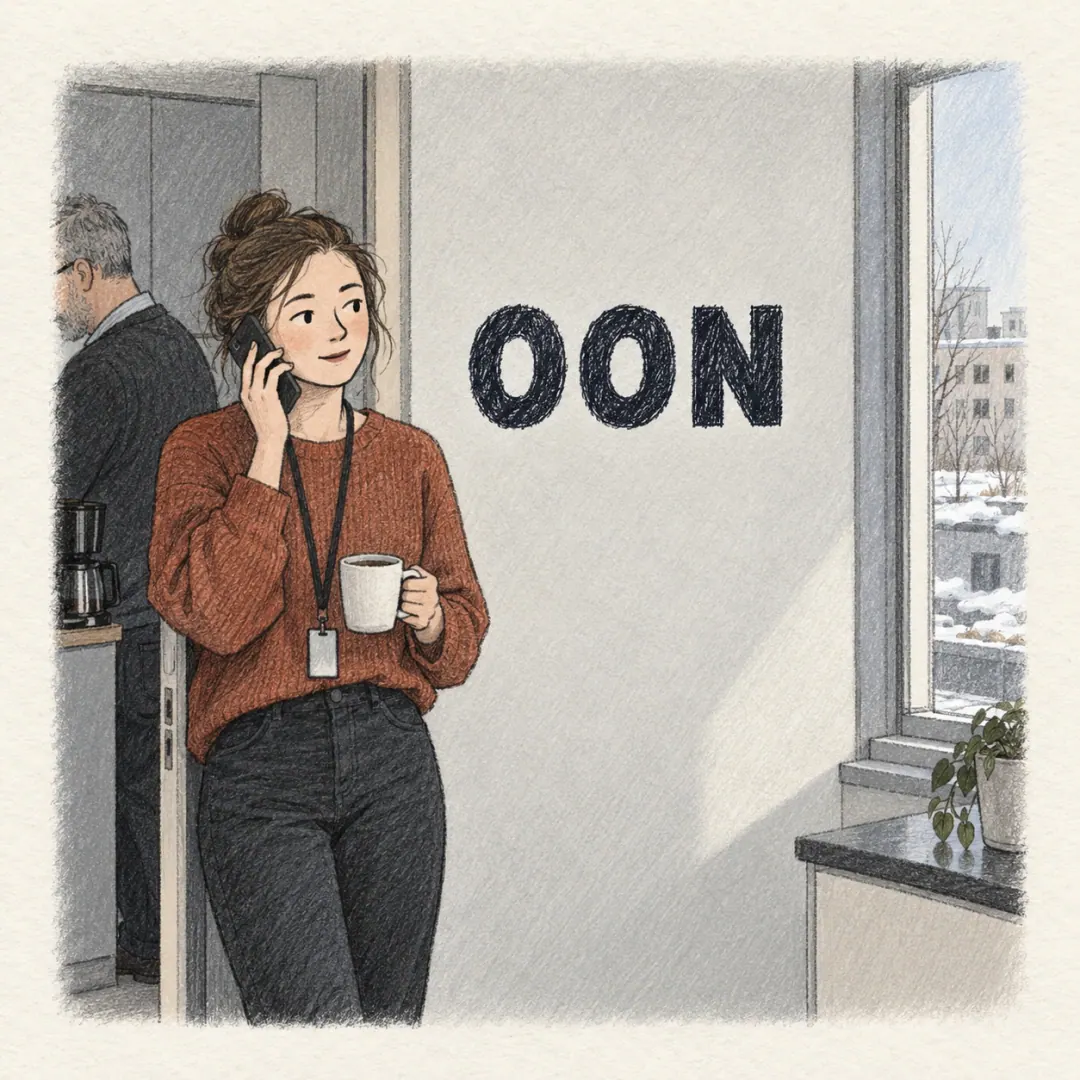 oon - a young woman on the phone in an office kitchen doorway saying where she is, coffee cup already in hand, melting snow on the ledge outside