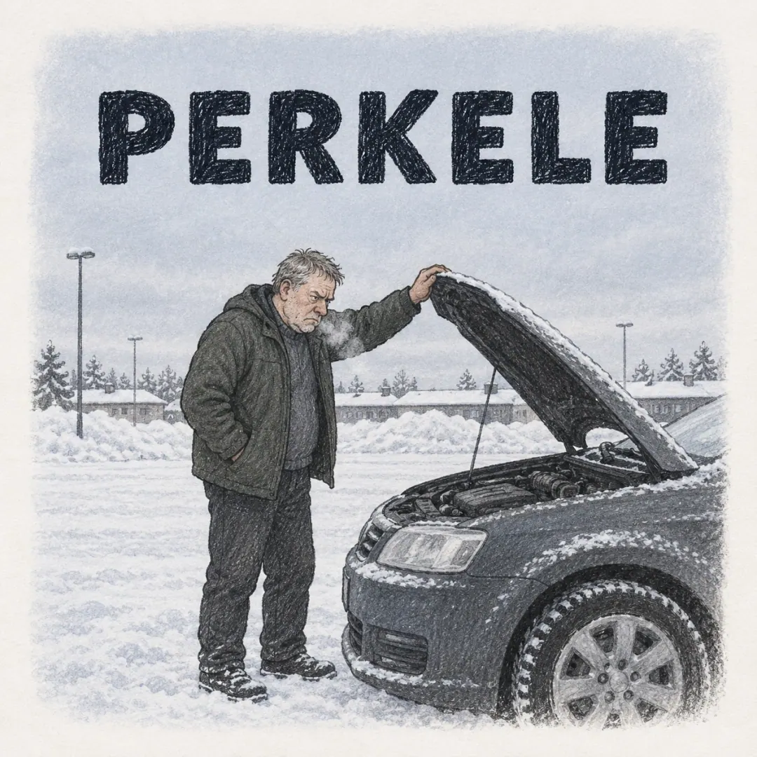 perkele - a man standing beside a car with its bonnet up in a snowy Finnish car park, looking at the engine with flat fury