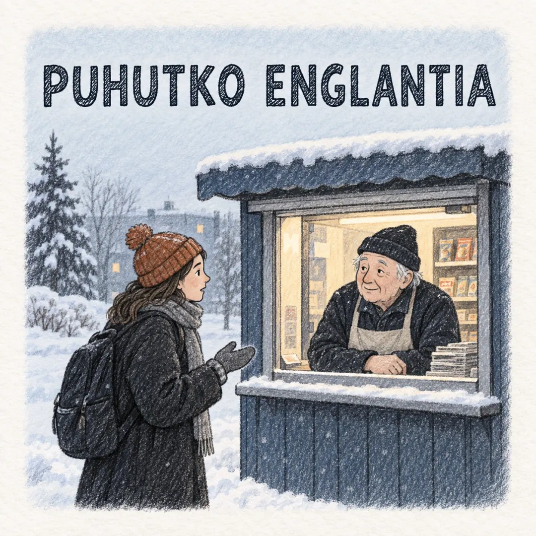 puhutko englantia - a young woman asking a halting question at a lit Finnish kiosk window in the snow, and getting the answer back without a pause